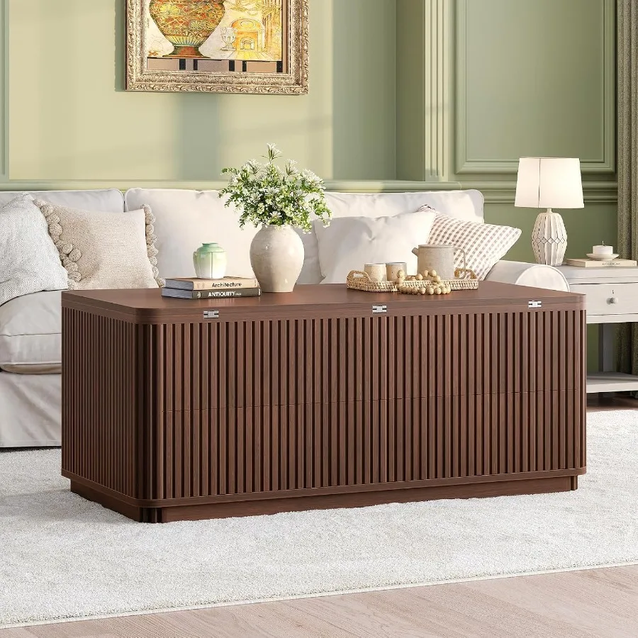 Fluted Lift Top Coffee Table with 2 Drawers and Hidden Storage for Living Room, Wood, Natural Finish, Space-Saving and Multi-Fu