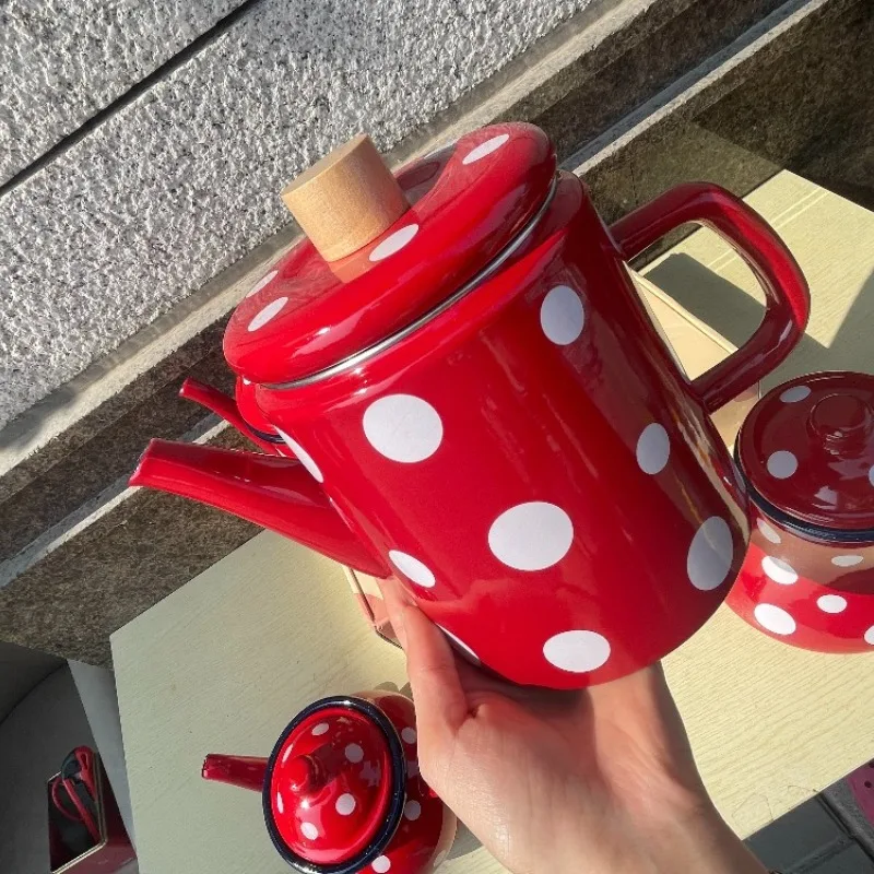 0.7-1.5 L Kitchen Accessories Thickened Classic Red Polka Dot Enamel Kettle Teapot Coffee Pot Oil Jug