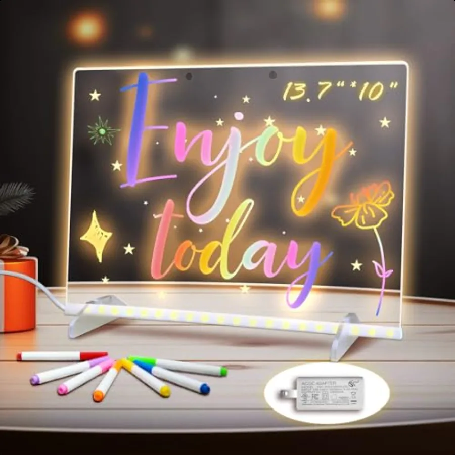 

LED Note Board with Colors 13.7X10 4 Modes 7 Colors Acrylic Dry Erase Boards with Light Include Adapter Hanging Chain Led Drawi