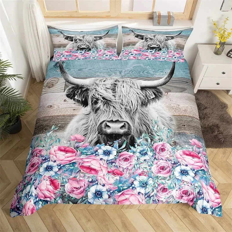 Highland Cow Duvet Cover King Queen Western Farm Animal Comforter Cover Microfiber Bull Cattle Floral Bedding Set For Kids Teen