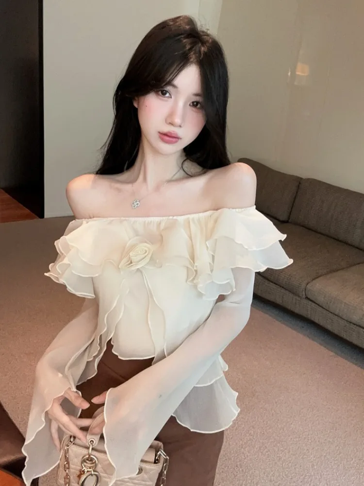 

French Style Floral Embellished One Shoulder Long Sleeve Shirt Women's Elegant Summer Unique Beautiful Top Breathable Skin-Fr...