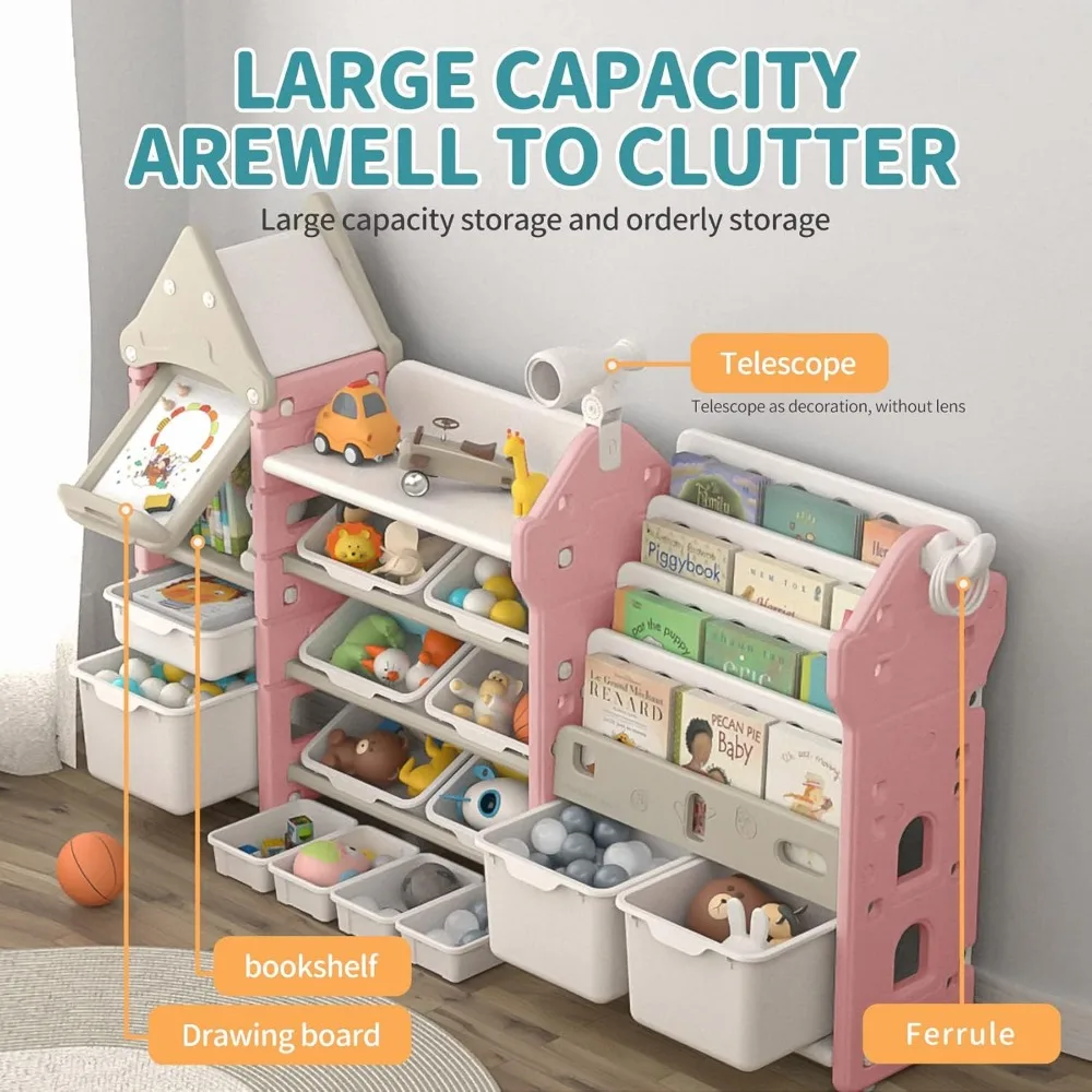 Kids Toy Storage Organizer and Children Bookshelf, with 14 Bins, Pull-Out Drawers Multipurpose Shelf for Toddlers to Organize