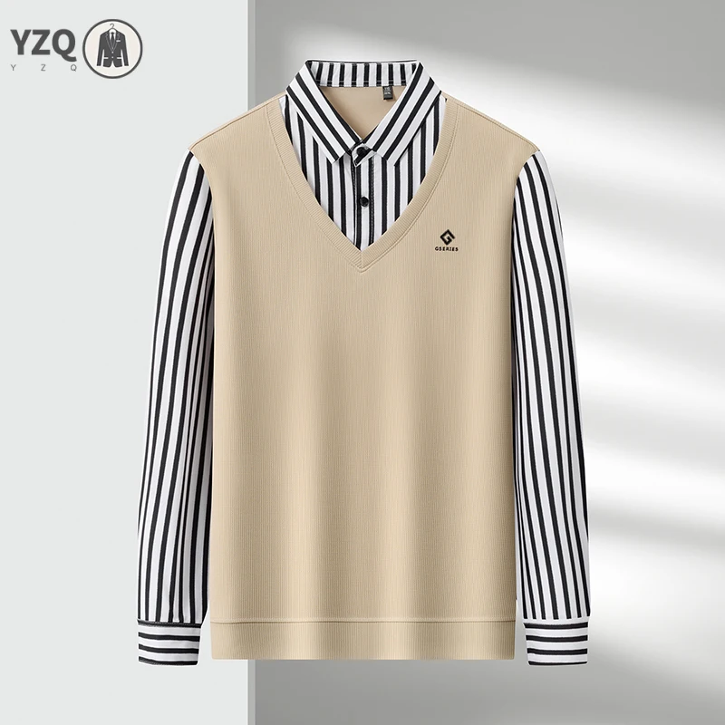 Mens Basic Fake Two Piece Striped Shirt Sweater Vest Long Sleeve Business Casual Top view 5