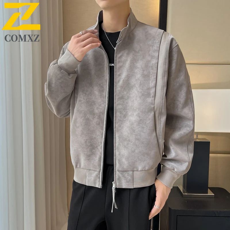 

COMXZ Мужская замшевая куртка Легкая американская модная удобная кожаная куртка Повседневная ветрозащитная осенняя одежда с воротником-стойкой