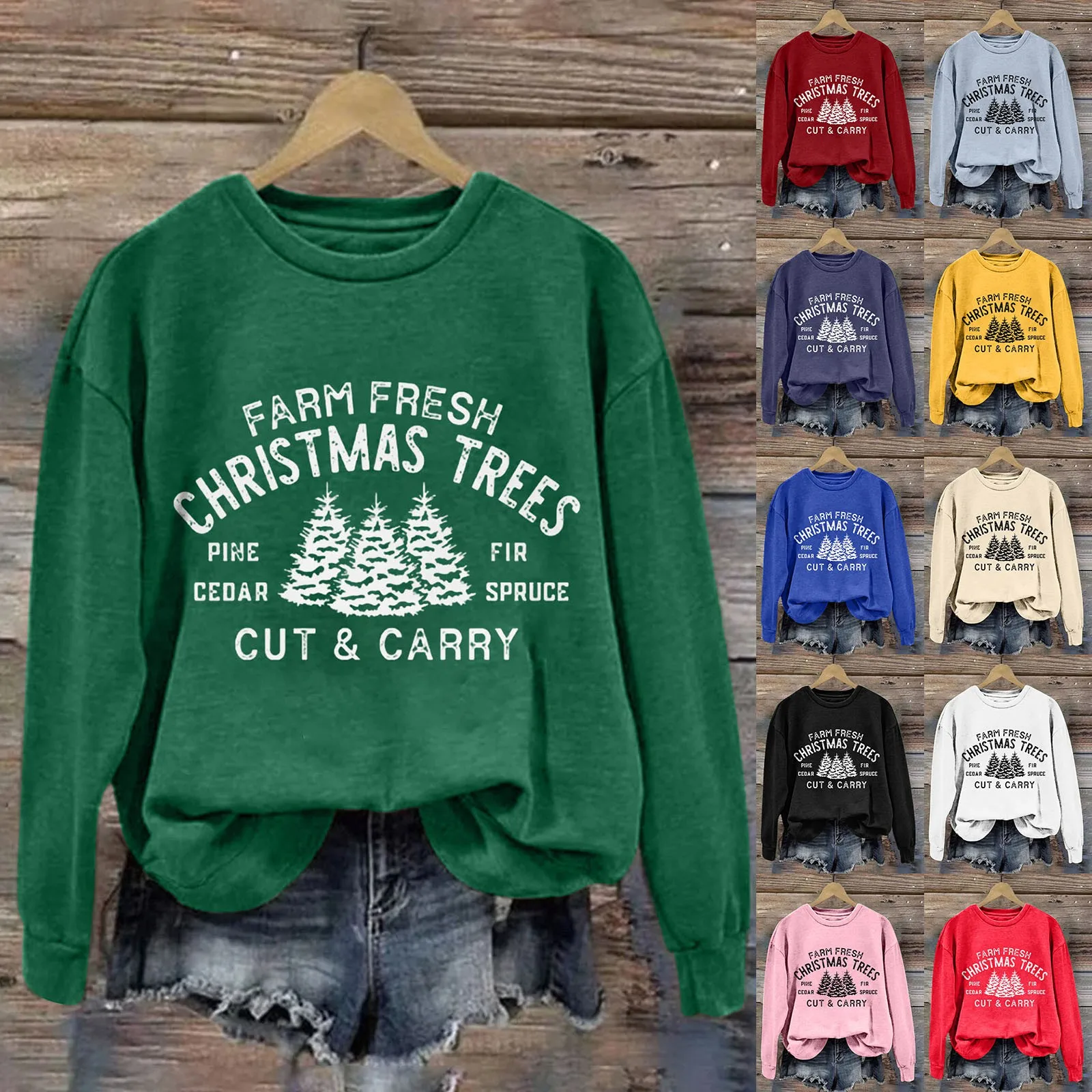 Farm Fresh Carry Christmas Trees Women'S Letter Christmas Tree Print Round Neck Long Sleeved Shirt Soft Fabric Autumn Sweatshirt