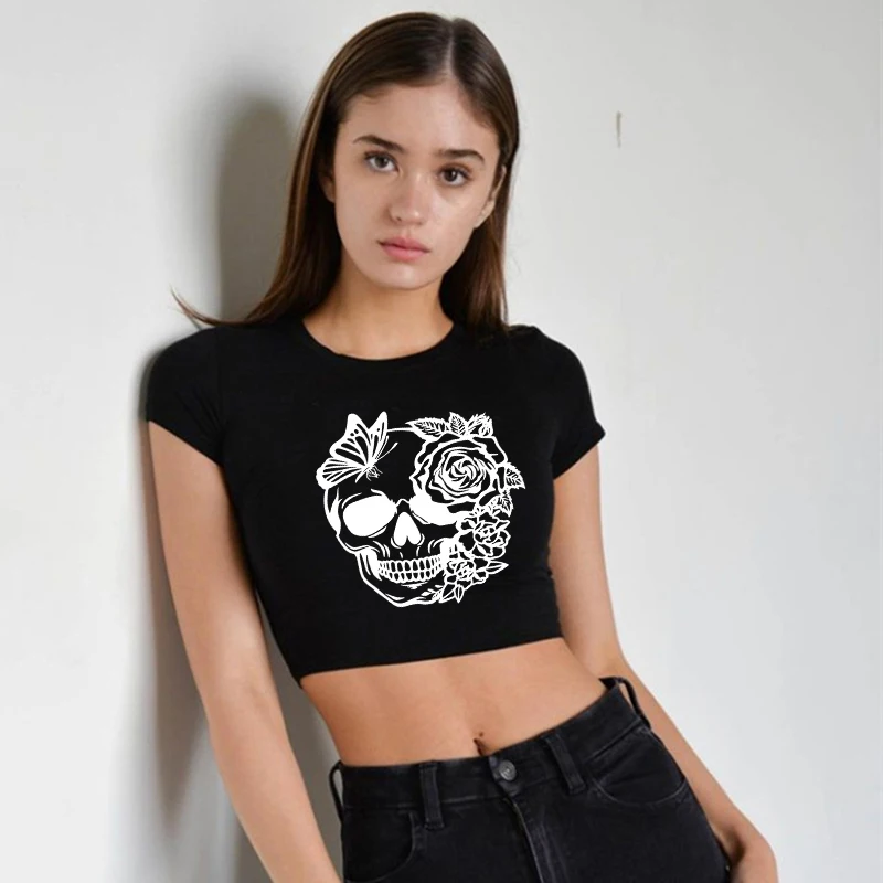 

Aesthetic Creative Skull Pattern Print Women T-Shirt Gothic Harajuku Short Sleeve Tee Fashion Streetwear Versatile Slim Crop Top