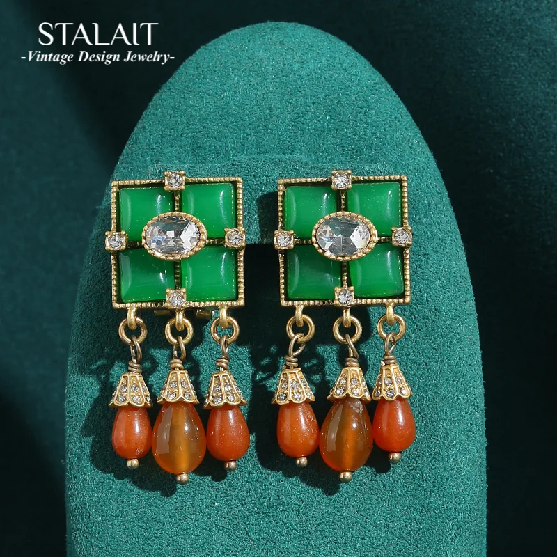 

Винтажные серьги-капли с медовым воском и желтой кисточкой, четыре дворца, сетка, зеленый агат, золотой цвет, роскошное качество, дизайнер ювелирных изделий, новинка 2023 года