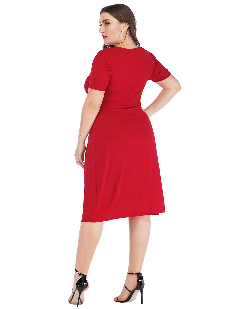 Plus Size Dress Woman Summer V Neck Short Sleeve Solid Casual Dress High Waist Red Midi Dress Curvy Size Odzież damska