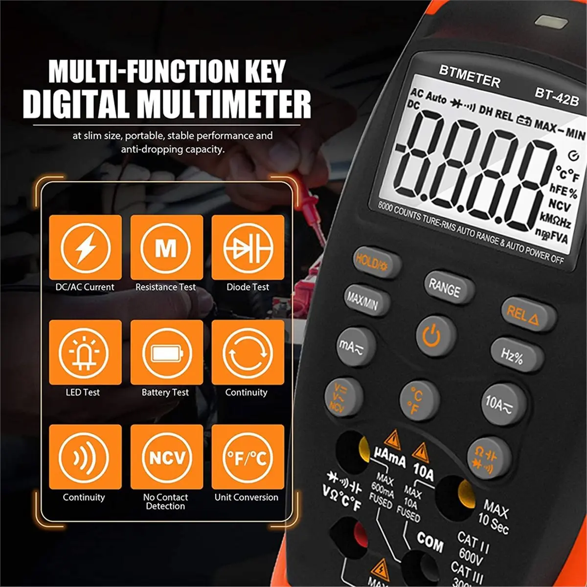 Digital Multimeter 6000 Counts True RMS Auto Range, Voltage Current Resistance Capacitance Frequency NCV