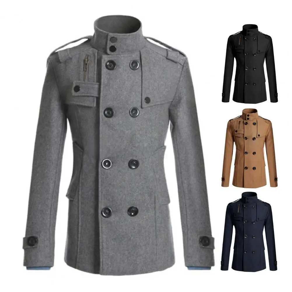 معطف رجالي جديد لعام 2025 للذكور بدلة طويلة سترة واقية معطف رجالي بجيوب إغلاق مزدوجة الصدر بلون سادة ملابس خارجية متوسطة الطول #5