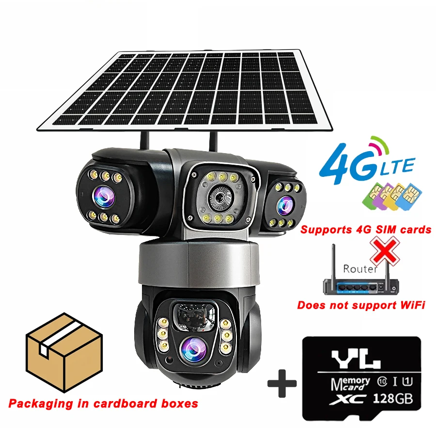3-lens IP-zonnecamera HD 15MP Outdoor waterdichte CCTV-camera Nachtzicht Tweerichtingsaudiocamera Mobiele tracking 4G IP-camera V380 Pro 355 graden horizontaal en verticaal 90 graden rotatie