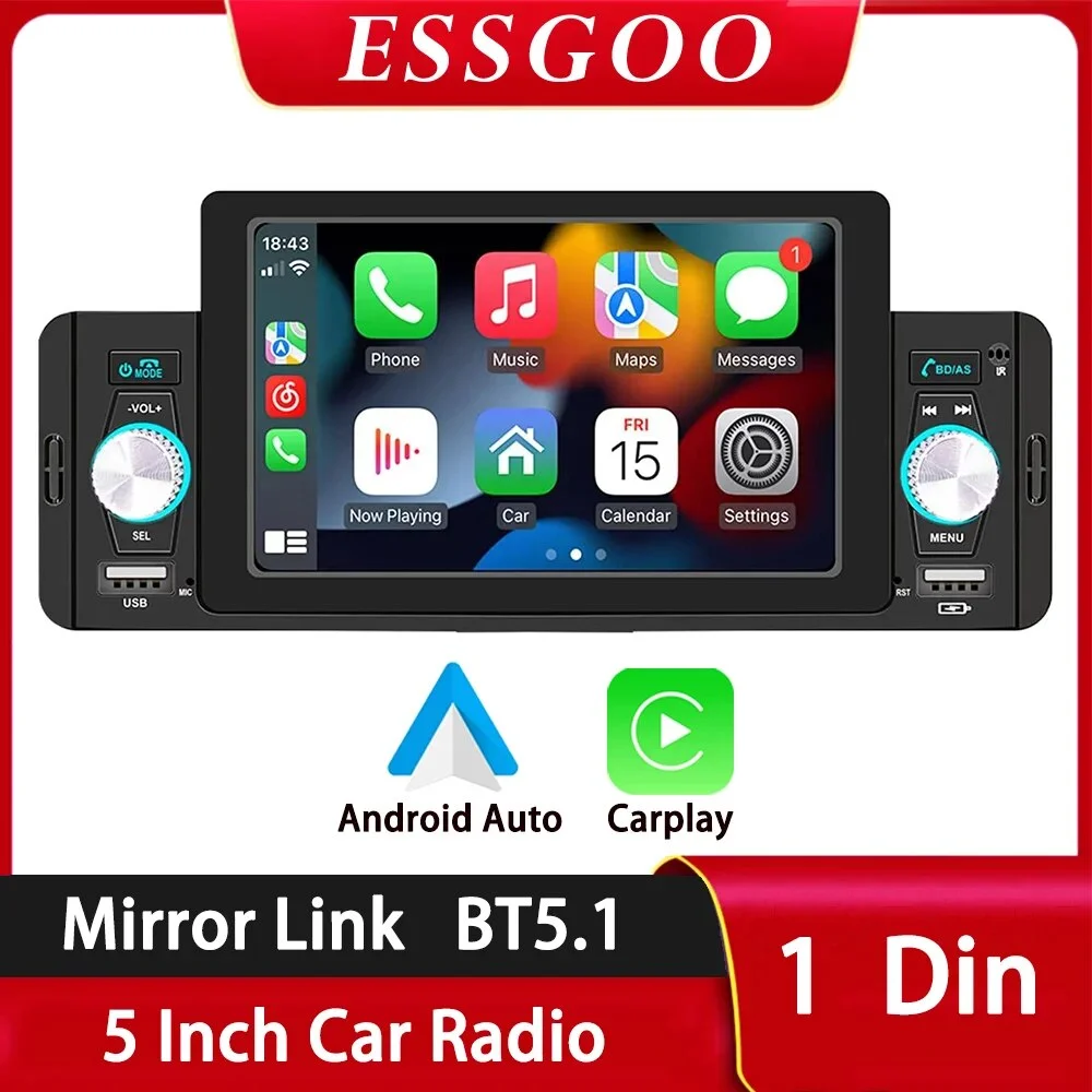 ESSGOO 5'' Car Radio 1Din CarPlay Android Auto Multimedia Player Bluetooth MirrorLink FM Receiver For Volkswagen Nissan Toyota