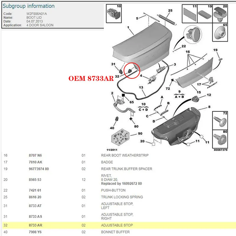 8733AR 7908Y6 Подходит для Peugeot 508 DS6 308S, резиновый пирс багажника, РЕГУЛИРУЕМЫЙ СТОП, БУФЕР, ограничительный блок задней двери