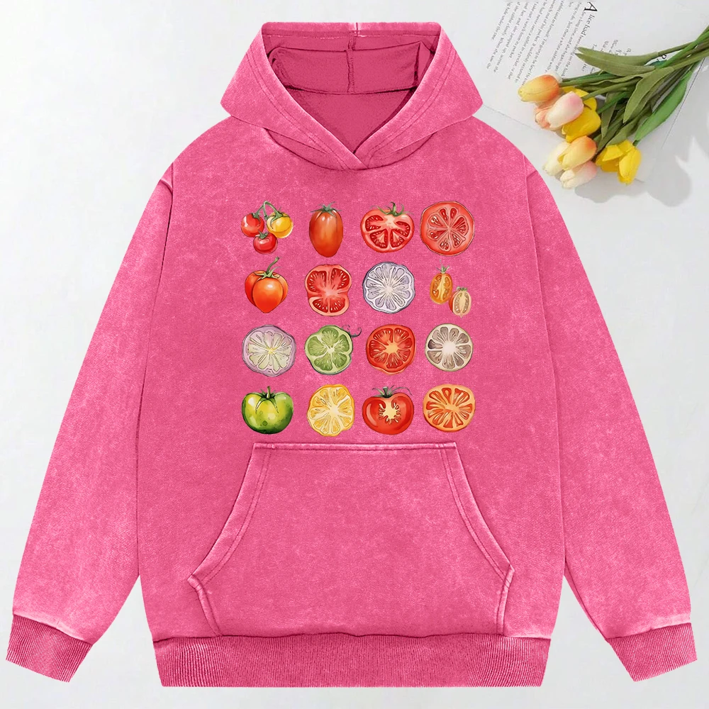 Tomato Variety Collection Chart Print Washed Women Clothes Creativity Cotton Hoodie All-Match Pocket Pullover Funny Casual Hoody