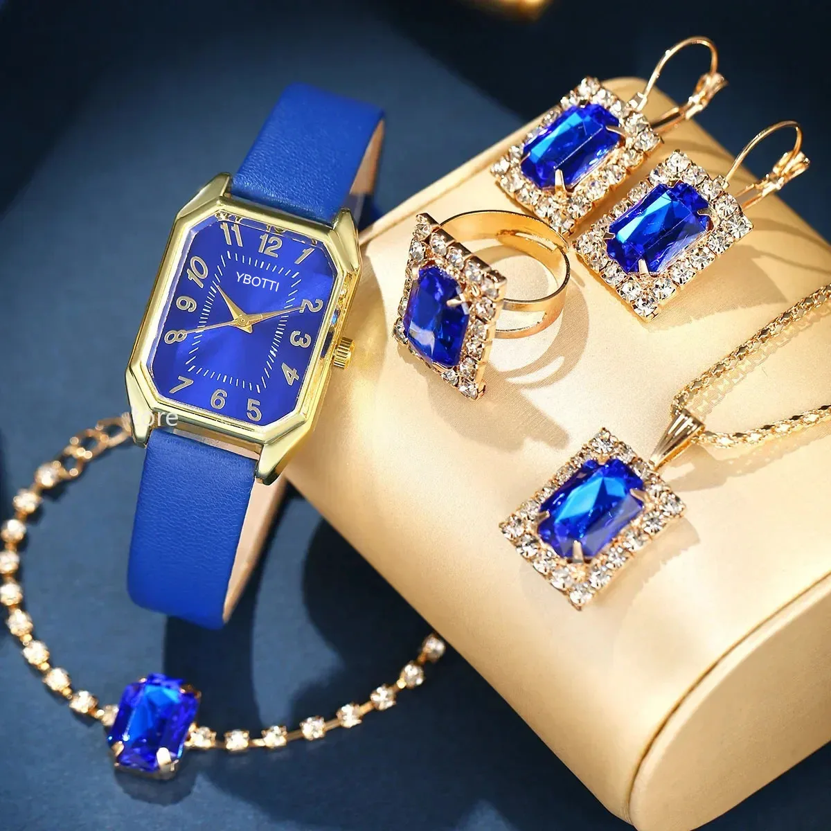 6-piece square Roman watch gemstone bracelet set square belt watch+square gemstone bracelet set