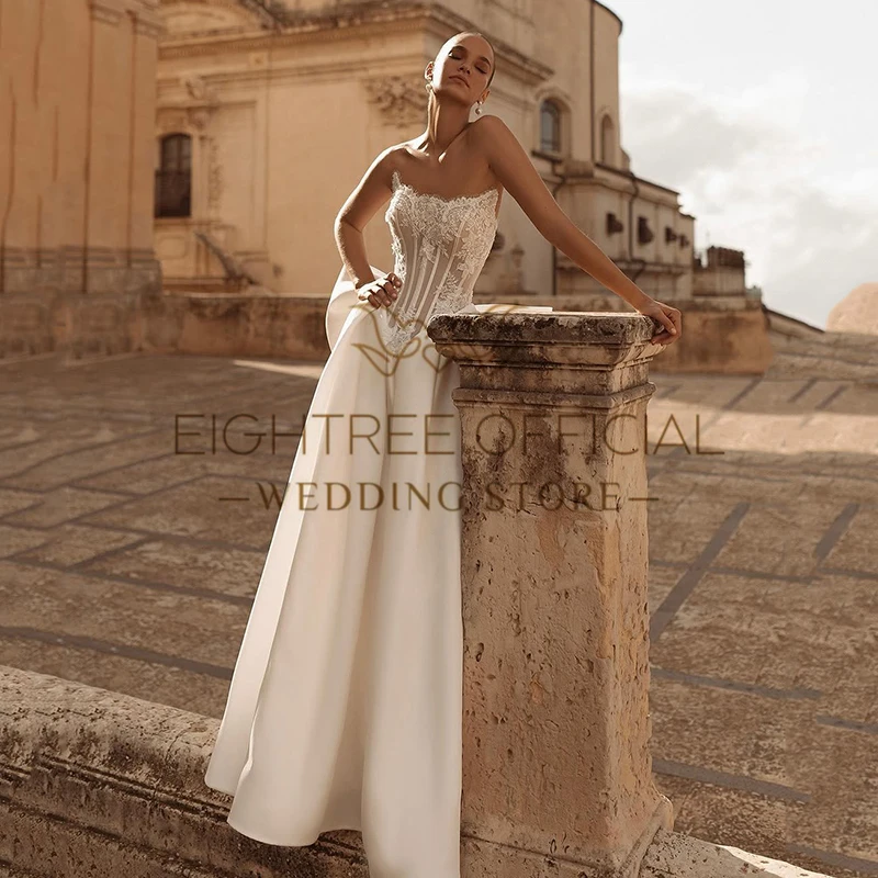 Eightree Women A-Line Wedding Dresses Strapless Appliques Lace White Bridal Dress Princess Evening Wedding Prom Gowns Customized image 5