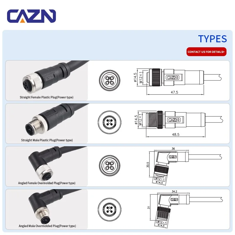 1 Meters PVC Moulded Plug M12 Straight Right Angled T Code 2+PE 3+PE Pins Unshielded Leads Female Male Cable Connectors