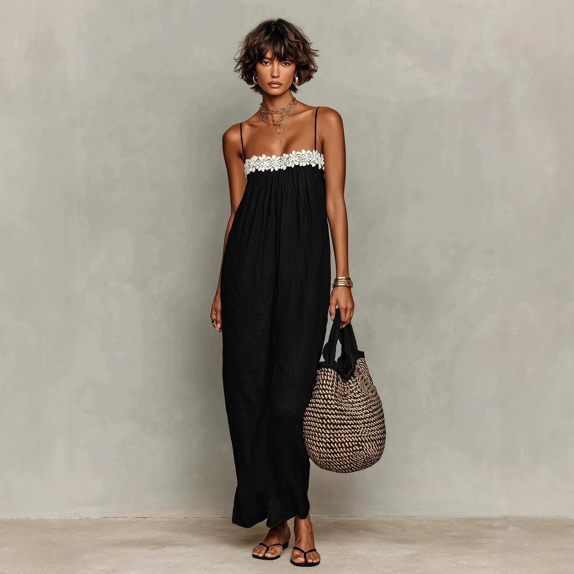 Lace Trim Strapless Maxi Dress, Summer Beach Dresses for Women, Flowy Overall Jumpsuit Playsuit