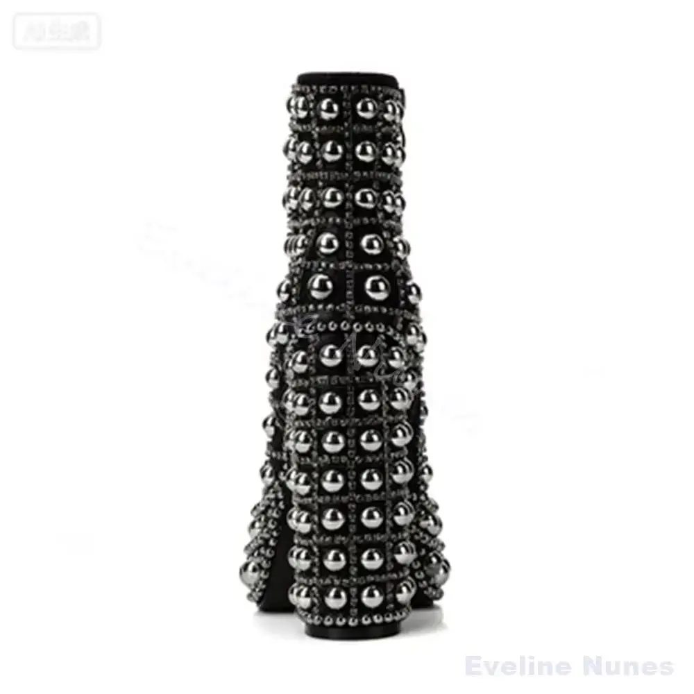 New Pearl Rivets Platform Ankle Boots Women Round Toe Chunky Heel Short Boots Punk Nightclub Performance Fashion Black Boots