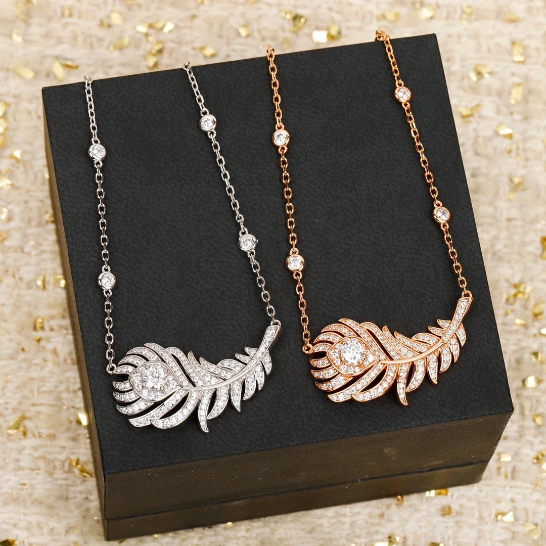 Hot Famous Designer Brand Top Quality Rose Gold Silver Full Diamond Feather Necklace Women Luxury Jewelry Trend