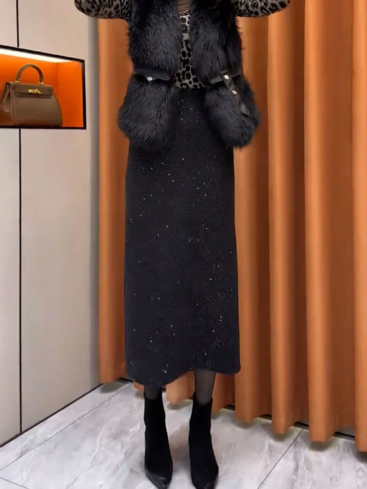 

Элегантная черная юбка миди с А-образным силуэтом, осенне-зимняя новинка, очаровательная модель с завышенной талией