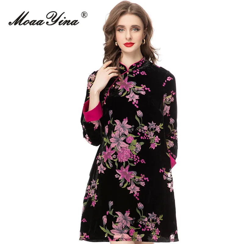 Moretenues Yina-Robe courte à imprimé floral pour femme, vêtement vintage, col montant, taille haute, slim, mini, mode automne