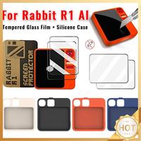 For Rabbit R1 AI Silicone Protective Case Anti-Drop Protective Cover Kit with Lanyard 2pcs Screen Protector Tempered Glass Film