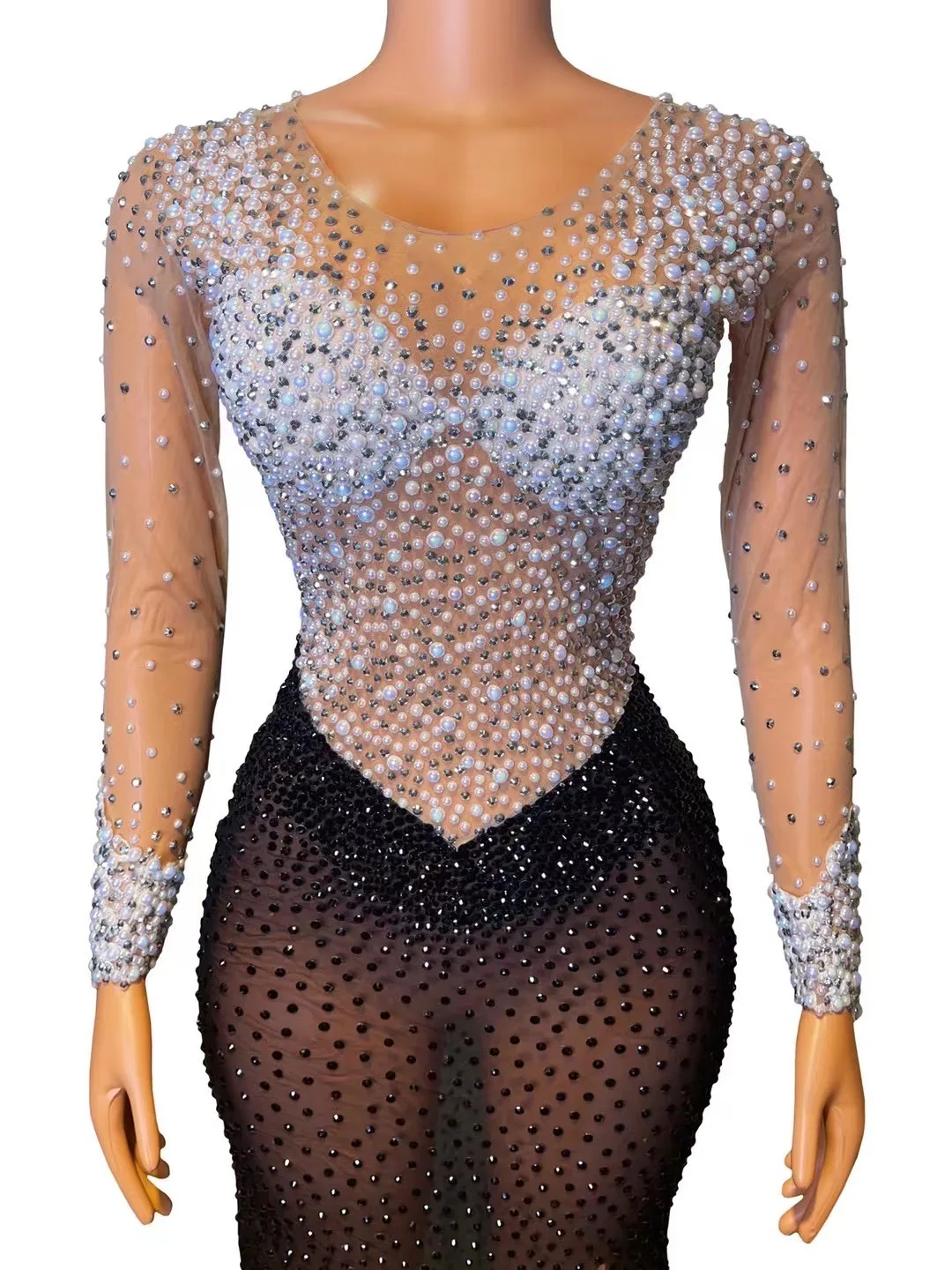 New Shiny White Pearls Black Stones MESH Costume Birthday Celebrate Long Train Dress Prom Party Stage Wear Female Singer Dresses