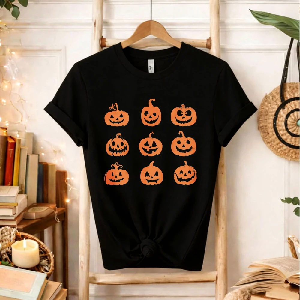 Halloween Pumpkin Faces Graphic T‑Shirt 9pcs Different Jack‑o‑lantern Silhouette Grid Spooky Autumn Holiday Party Casual Tops