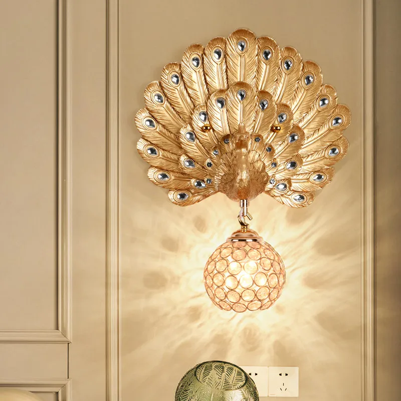 

American-style creative peacock wall lamp resin crystal suitable for living room wall bedside lamp entryway bedroom and balcony
