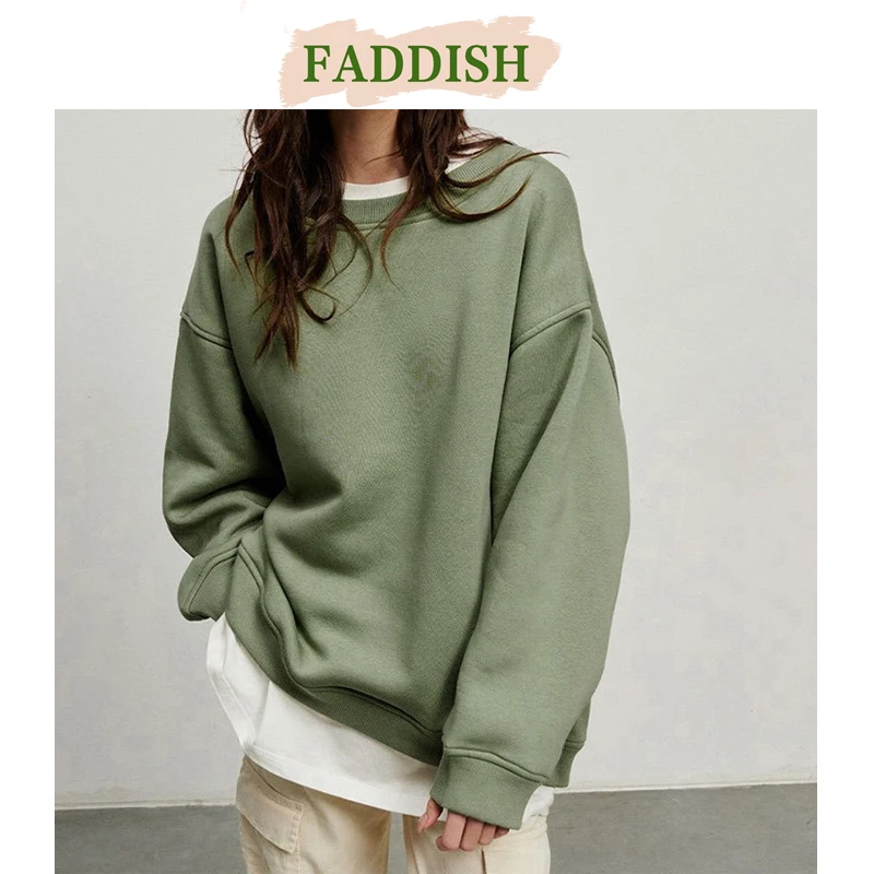 FADDISH 2024 Autumn Winter Women Fashion Loose Round Neck Fleece Sweatshirts & Hoodie Female Solid Color Casual Top Pullover