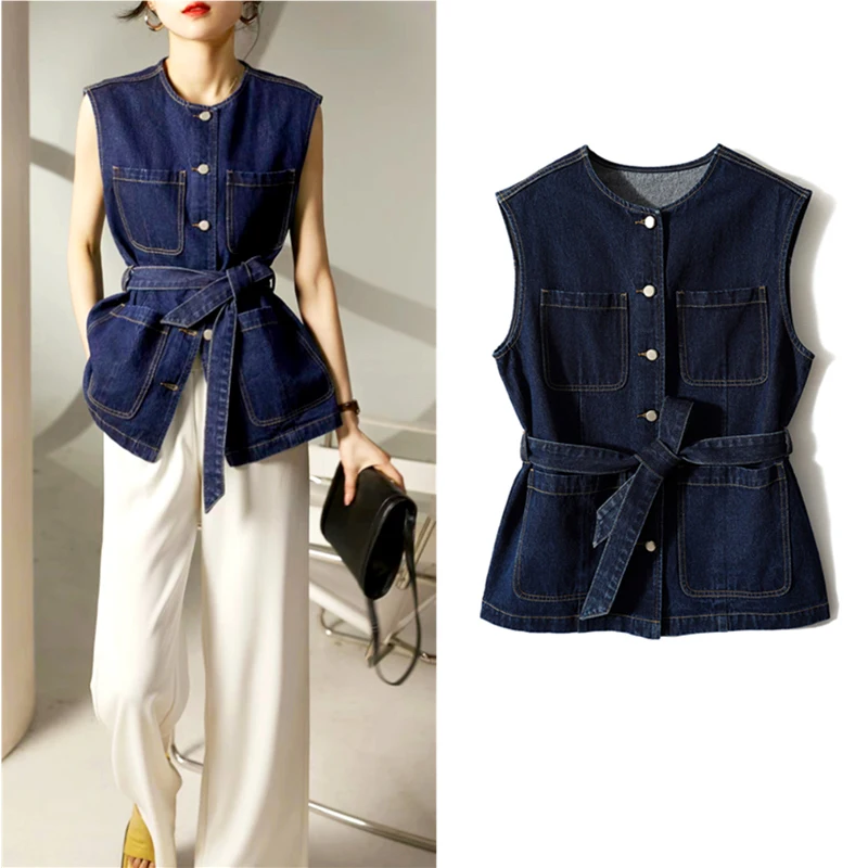 Spring Summer Women's Chic Denim Vest Sleeveless Outerwear Tops Women Retro Casual Vest Woman Great Top Clothes With Belt SL055