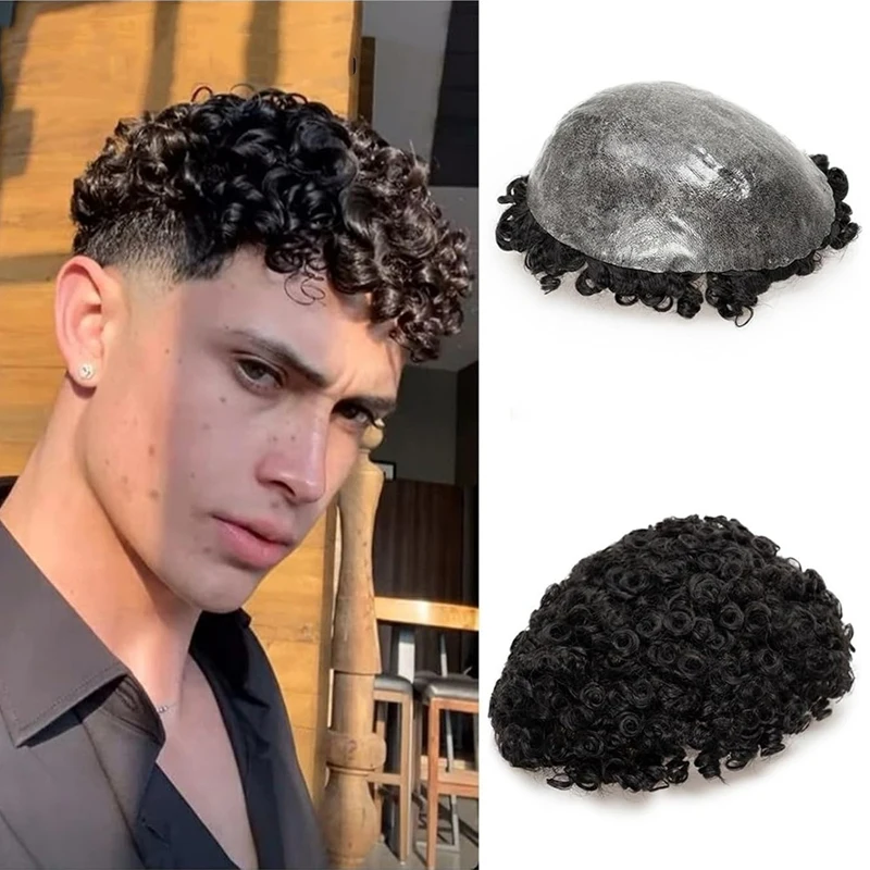 Afro 15MM Curly Wig For Men Full PU Capillary Prosthesis 100% Human Hair Transparent Toupee For Black Men Injection Thin Skin