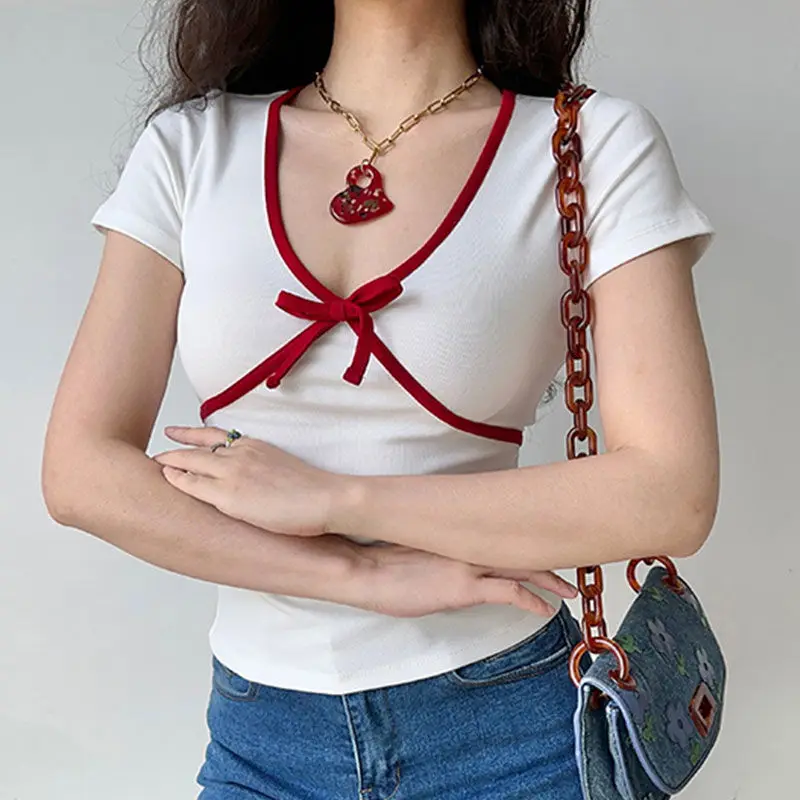 2024 Summer New Spicy Girl Short Cotton Short Sleeved T-shirt for Women Slim Fit and Versatile Design Top for Women
