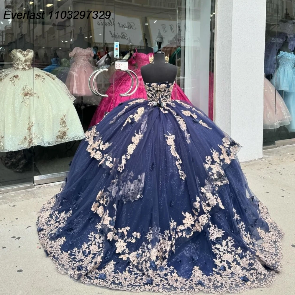 Evlast personalizado azul marinho quinceanera vestido de baile renda dourada apliques miçangas espartilho doce 16 vestido de 15 anos qd1043