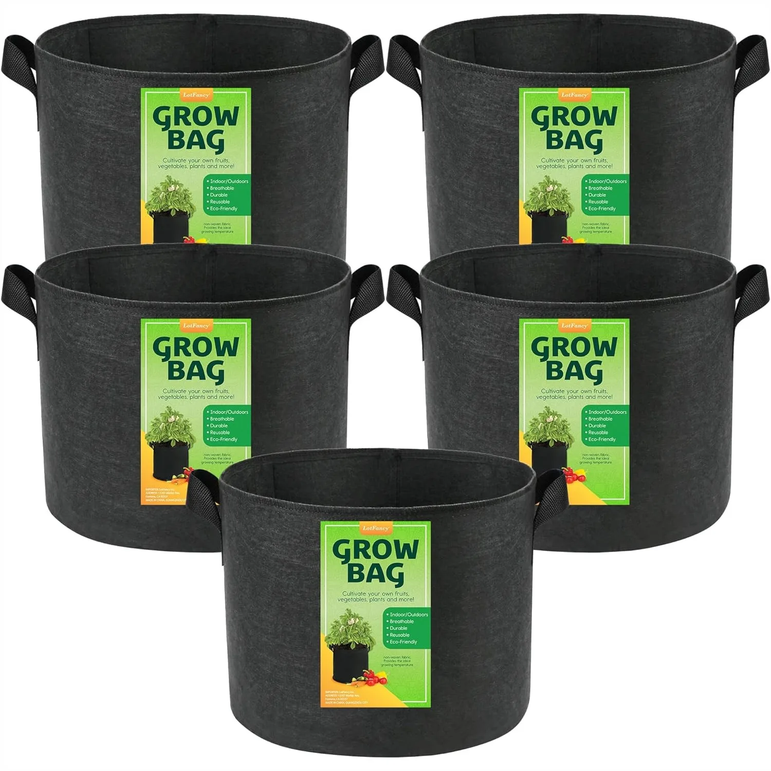 

5-Pack 10 Gallon Grow Bags with Reinforced Handles, Thickened Nonwoven Aeration Fabric Pots for Vegetables Flowers Fruits