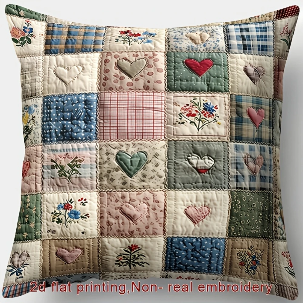 1PC Patchwork Heart Floral Print Pillow Cover Farmhouse Quilted Style Decorative Throw Pillowcase Sofa Couch Bedroom Home Decor