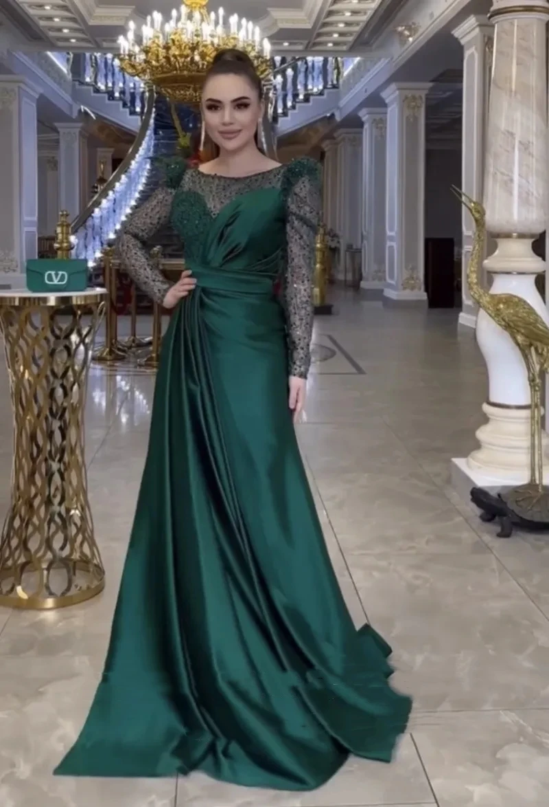 Romantic Green Satin Evening Dresses O-Neck Glitter Long Sleeves Satin Custom Made Mermaid Party Prom Gown Vestidos De Noche