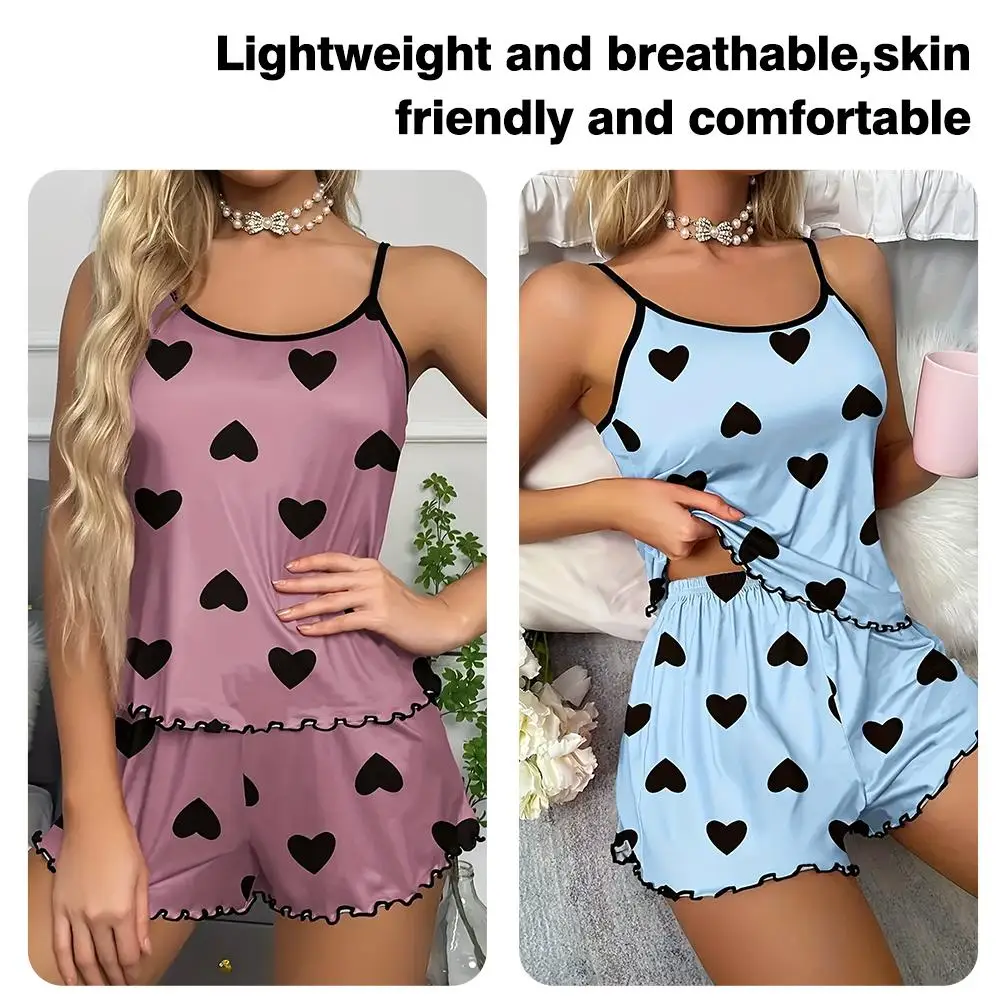 Women's Pajama Set Pajamas T-Shirts Shorts Pink Heart-Shaped Print Round Neck T-Shirt Ice Silk Top Comfortable Casual Summer view 5