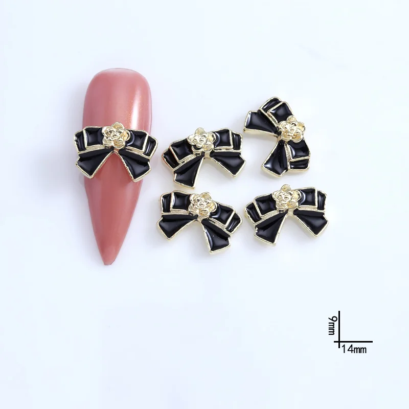 10PCS French Small Fragrance Nail Art Decorations Alloy Elegant Black White Craft Nail Charms Parts Camellia Bowtie Accessories
