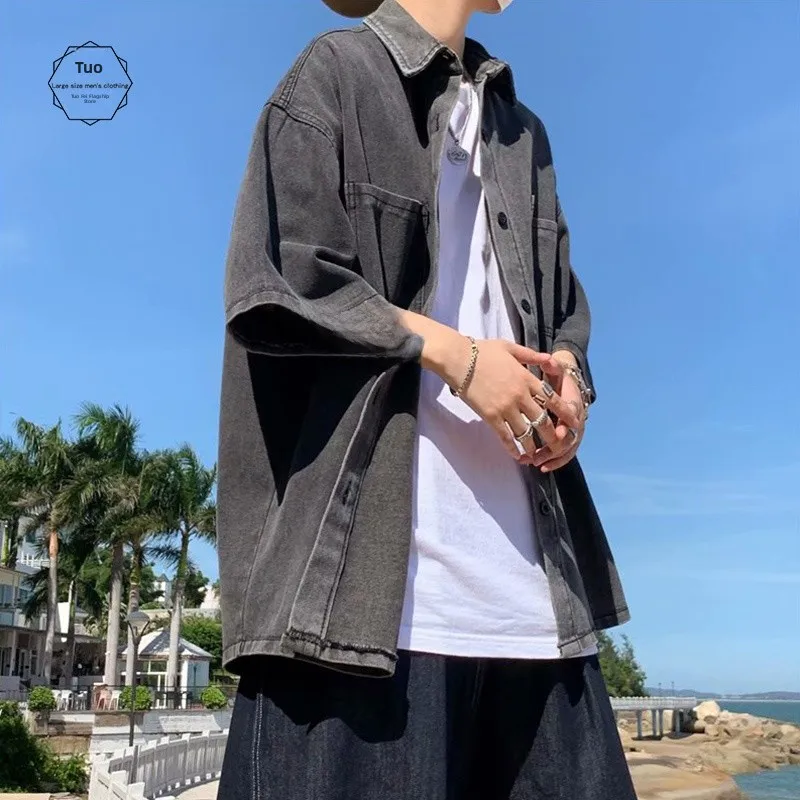 

Летняя тонкая джинсовая рабочая рубашка для мужчин, свободного кроя, повседневная, в американском стиле, для пар, с острым воротником, с пятью карманами.