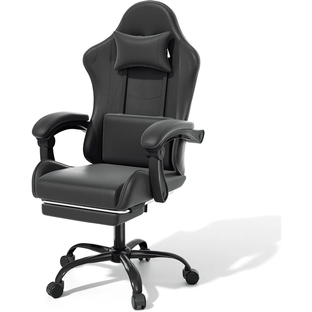 Sedia da gioco con poggiapiedi Sedia per videogiochi con schienale alto con poggiatesta e supporto lombare Girevole in pelle regolabile in altezza