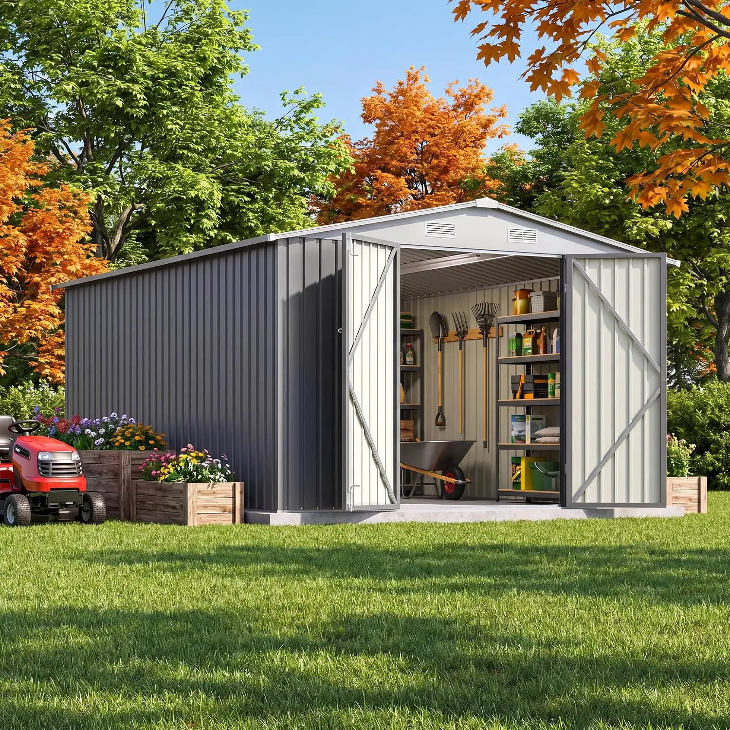 10x12 FT Outdoor Storage Shed, Heavy Duty Metal Shed with Lockable Door&Slooping Roof, Tool Shed for Garden, Customized