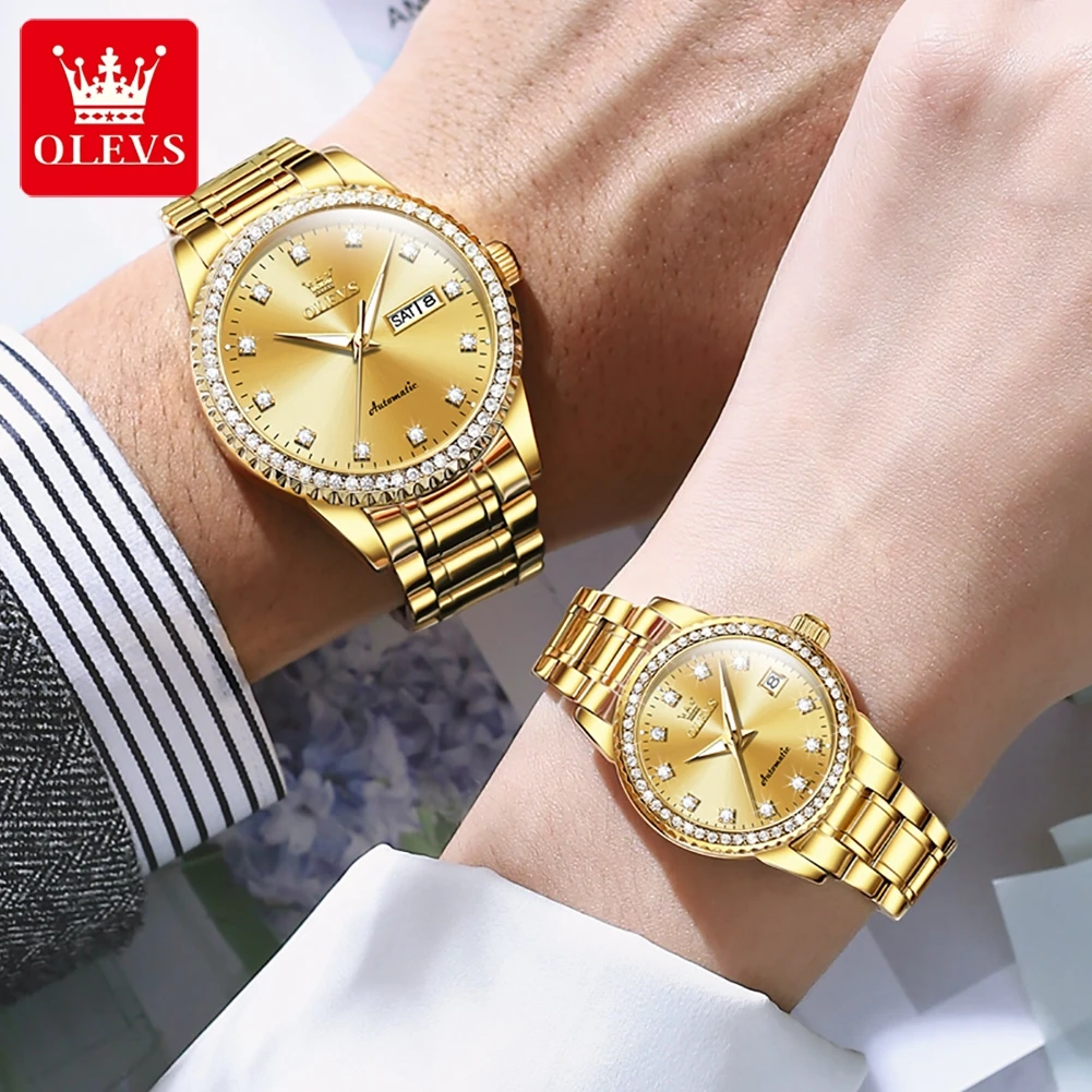 OLEVS часы для пар, лучший бренд, роскошные модные оригинальные автоматические механические наручные часы из нержавеющей стали, водонепроницаемые светящиеся дата