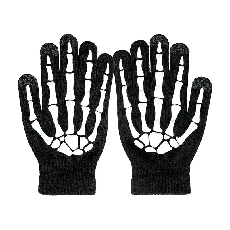 Winter Warm Half Finger Knitted Gloves, Fingerless Gloves Cold Weather Hand Bone Skeleton Design Halloween Gloves