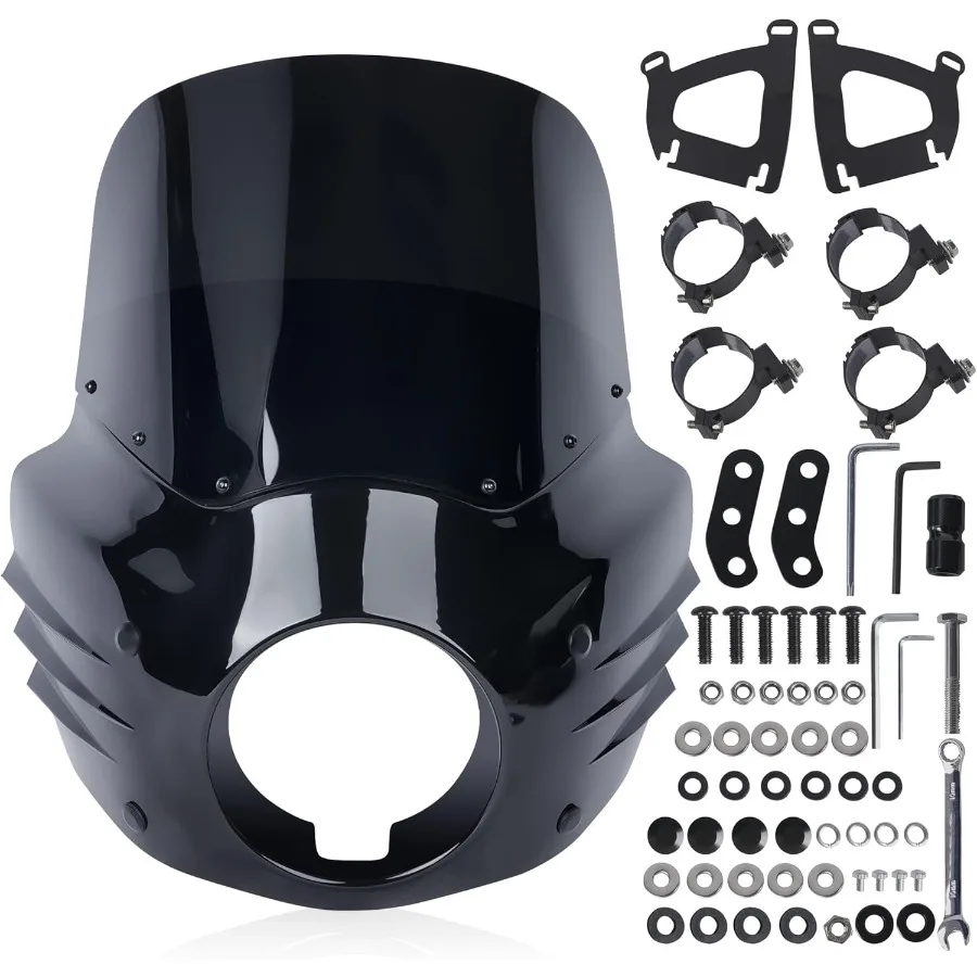 

Motorcycle 5.75 Headlight Fairing Cover with Road Shark Fairing and 11 Black Windshield 62mm Mounting Kit for Enhanced Aerodyna
