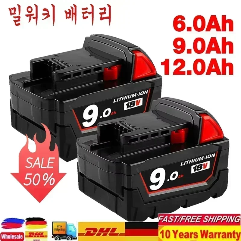 

For Milwaukee M18 Battery 18V 12.0Ah Replacement Lithium Battery for Milwaukee M18 48-11-1815 48-11-1850 2604-22 Battery