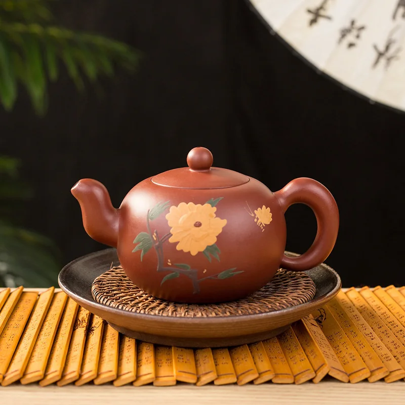 

Yixing Hand-made Mud Teapot Quality 300ML Kung Fu Zisha Clay Tea Pot Peony Sculpture Hand Crafted Raw Ore Teaware Puer Oolong