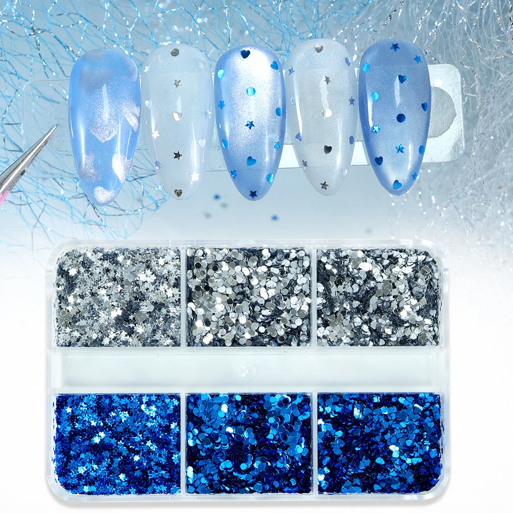 1mm Silvery Blue Stars Nails Art Accessories Love Hearts Polka Dots Nail Charms Design For Korean Japanese Manicure Decoration