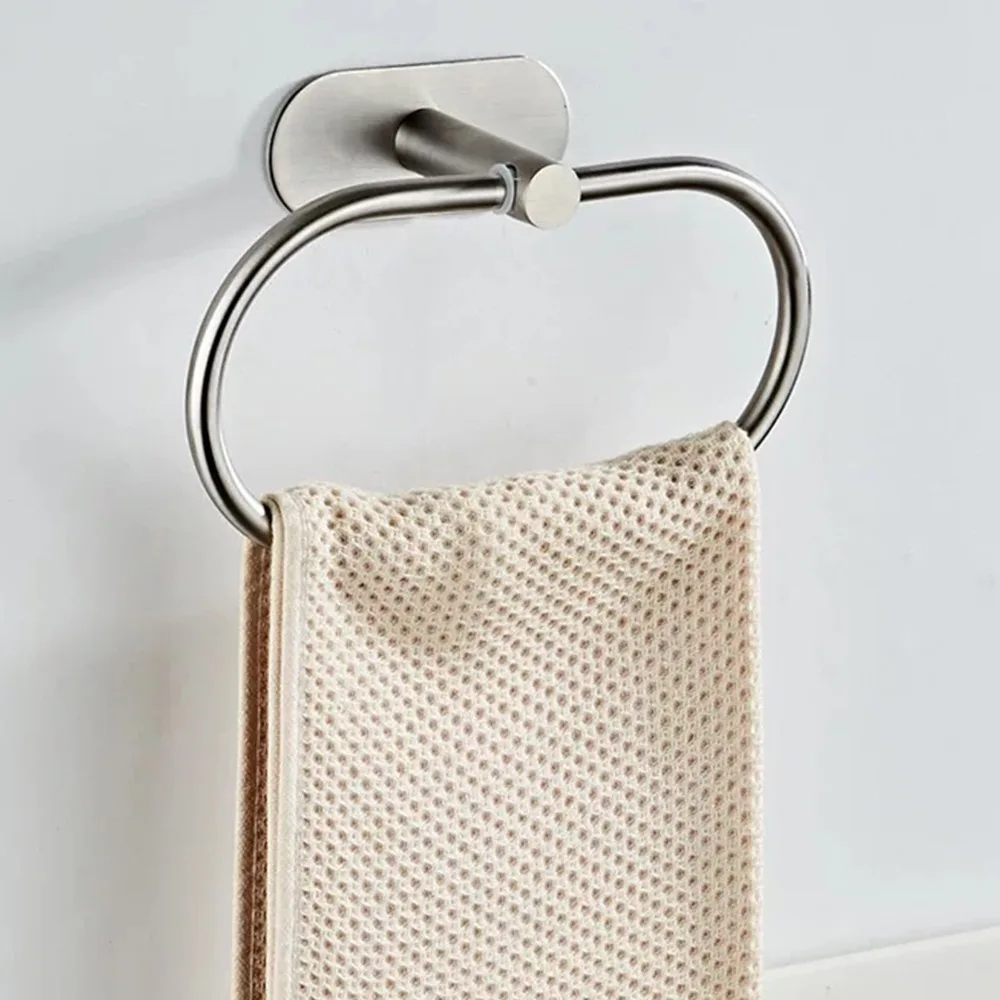 Modern Wall Mounted Towel Ring Holder Stainless Steel No Drilling Towel Rack Silver Self Adhesive Hand Towel Holder Bathroom